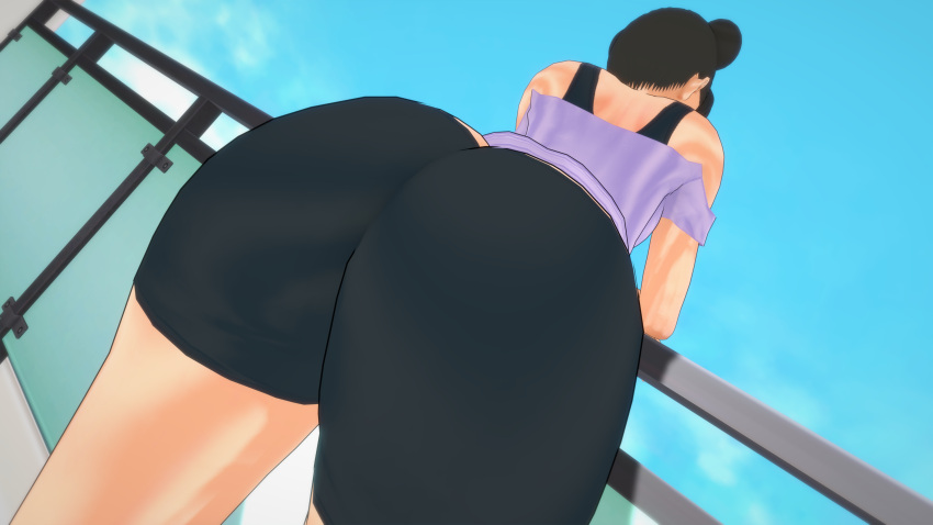 3d absurdres ass ass_focus bare_shoulders bent_over big_ass bike_shorts brown_hair double_bun facing_away female female_only from_behind guakghad hair_bun highres huge_ass koikatsu naruto naruto_(series) naruto_shippuden outdoors railing sky solo solo_focus standing tenten thighs tied_hair