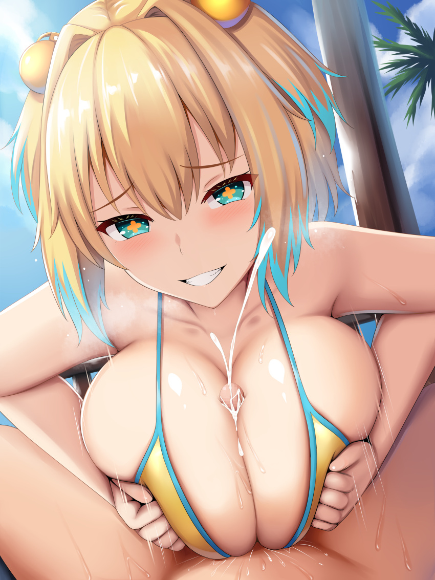 +_+ 1boy 1girls 2022 absurd_res alternate_breast_size big_breasts bikini blonde_hair blush bombergirl breasts cum cum_between_breasts ejaculation ejaculation_between_breasts female hair_ornament happy happy_sex hi_res huge_breasts large_breasts looking_at_viewer male male_pov naughty_face outdoors paizuri penis penis_between_breasts pine_(bombergirl) pov pov_eye_contact pov_paizuri renetan smile smug straight swimsuit symbol-shaped_pupils teal_eyes