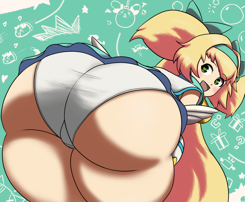 1girls :d arc_system_works ass ass_focus back bending_over bent_over big_ass big_butt blazblue blonde_hair bottom_heavy bubble_ass bubble_butt butt butt_focus curvaceous curvy dat_ass expansion female female_only green_eyes hair heart-shaped_pupils highres hips huge_ass huge_butt imstupid13 looking_at_viewer looking_back open_mouth open_smile panties platinum_the_trinity presenting presenting_hindquarters rear_view sailor_uniform skirt smile smiling_at_viewer solo thick thick_ass thick_thighs thighs underwear very_long_hair wide_hips