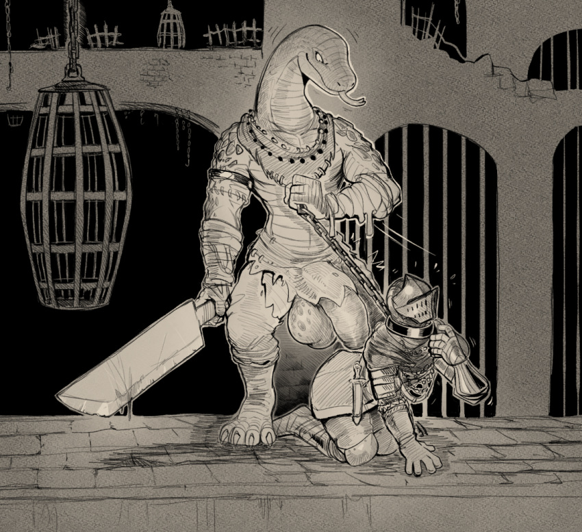 anthro anthro_dominating_human armor asphyxiation balls bandage bandaged_arm big_balls big_penis chain_leash chains claws clothed clothing daftpatriot dark_souls digital_media_(artwork) digitigrade dominant dominant_anthro duo feet flaccid forked_tongue fromsoftware genitals headgear helmet holding_leash holding_object holding_weapon human human_on_anthro humanoid_genitalia humanoid_penis interspecies leash leash_pull male male/male mammal manserpent melee_weapon monochrome penis reptile scalie size_difference snake snake_tongue submissive submissive_human sword toe_claws tongue video_games weapon