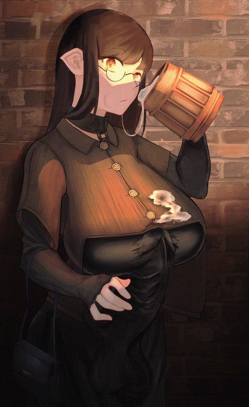 autopaizuri clothed cum cum_in_container cum_in_cup drinking drinking_cum drinking_own_cum futa futanari glasses horny mistimagi_(character) mug penis_under_clothes pointy_ears tagme