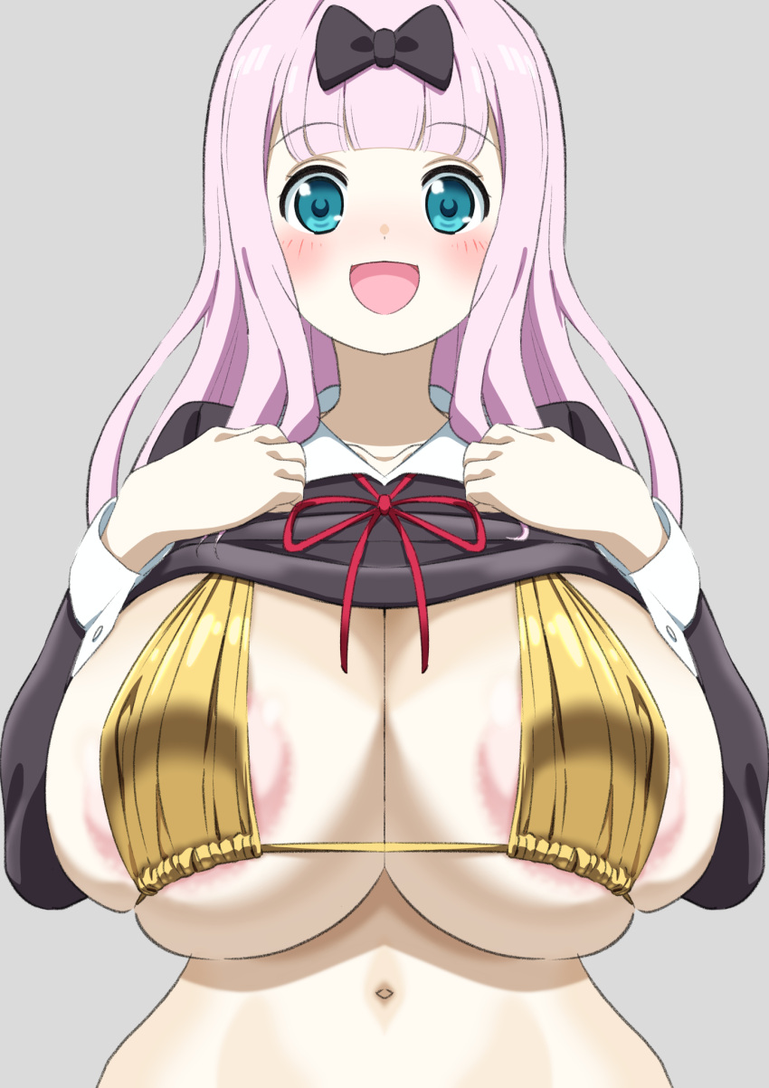 1girls areolae big_breasts blue_eyes blush breasts eye_contact female fujiwara_chika grey_background happy huge_breasts ika_daishogun kaguya-sama_wa_kokurasetai_~tensai-tachi_no_renai_zunousen~ long_hair looking_at_viewer pink_hair shuuchiin_academy_uniform smile solo upper_body