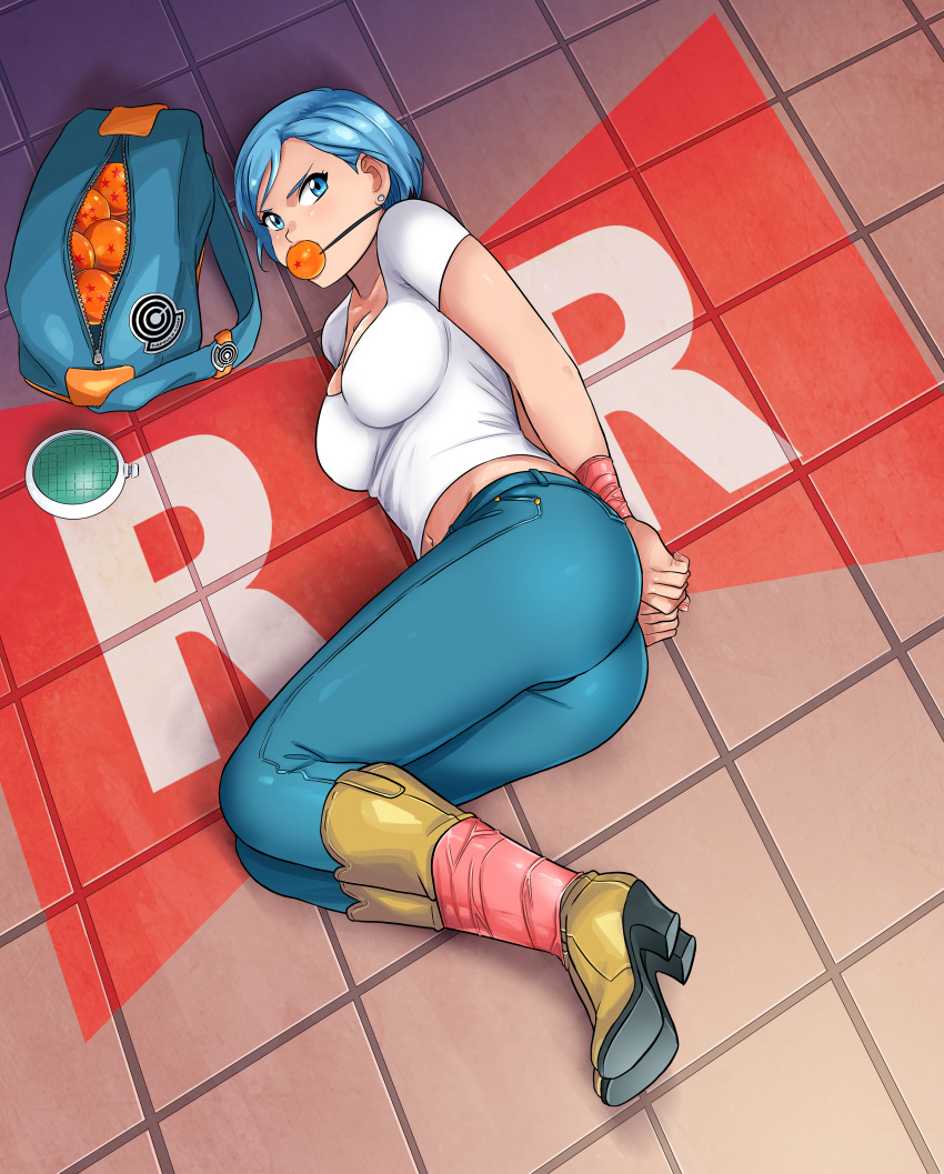 1girls angry arms_tied_behind_back ball_gag blue_eyes blue_hair bondage bound_ankles bound_wrists bulma_briefs capsule_corporation_logo dragon_ball dragon_ball_(object) dragon_ball_super dragon_ball_z dragon_radar gag gagged looking_at_viewer lostonezero milf solo tape_bondage