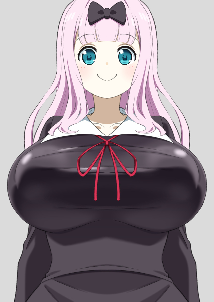 1girls big_breasts blue_eyes blush breasts eye_contact female fujiwara_chika fully_clothed grey_background huge_breasts ika_daishogun kaguya-sama_wa_kokurasetai_~tensai-tachi_no_renai_zunousen~ long_hair looking_at_viewer pink_hair shuuchiin_academy_uniform smile solo upper_body