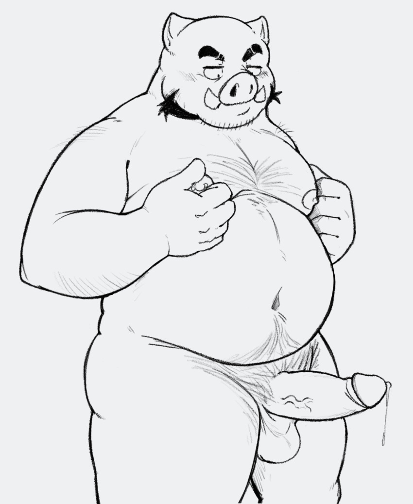 2022 anthro balls belly big_belly bodily_fluids erection genital_fluids genitals hi_res humanoid_genitalia humanoid_hands humanoid_penis kemono male mammal moobs navel nipples overweight overweight_male penis precum pubes solo suid suina sus_(pig) whitebeast20 wild_boar