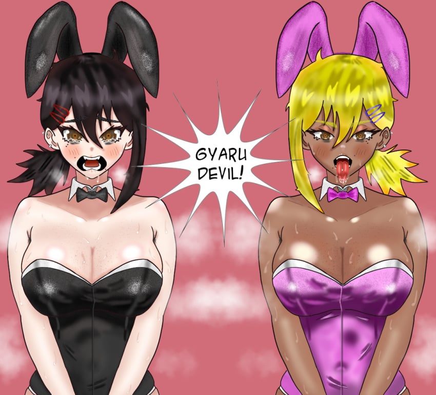 2girls alternate_breast_size alternate_color alternate_costume alternate_hair_color alternate_skin_color animal_ears asymmetrical_hair bare_arms bare_shoulders before_and_after bimbo bimbofication black_hair black_hair_female black_leotard blonde_female blonde_hair blonde_hair_female blush bowtie bowtie_collar breasts brown_eyes chainsaw_man collarbone commentary crying crying_with_eyes_open dark-skinned_female dark_skin drool drool_on_face drooling ear_piercing ear_tag eddarxart english english_commentary english_text gyaru hair_ornament hairclip hairpin higashiyama_kobeni highleg highleg_leotard kogal leotard looking_at_viewer mappa medium_breasts medium_penis mind_break mind_control mole mole_under_eye mole_under_mouth multiple_moles nervous nervous_face nervous_sweat open_mouth panic panicked panicking piercing piercings pink_bunny_ears pink_bunnysuit pink_clothing pink_leotard playboy_bunny playboy_bunny_leotard ponytail rabbit_ears red_hair_ornament retweet retweet_(meme) retweet_challenge retweet_icon sexual_objectification short_hair sloppy sloppy_blowjob sloppy_blowjob_devil sole_female solid_color_background solo solo_female speech_bubble steam steaming_body strapless strapless_leotard suggestive suggestive_look sweat sweatdrop sweating sweating_profusely tearing_up tears teeth teeth_showing text text_bubble tongue tongue_out tongue_piercing transformation transformation_sequence transformed twitter twitter_strip_game_(meme) upper_body upper_teeth