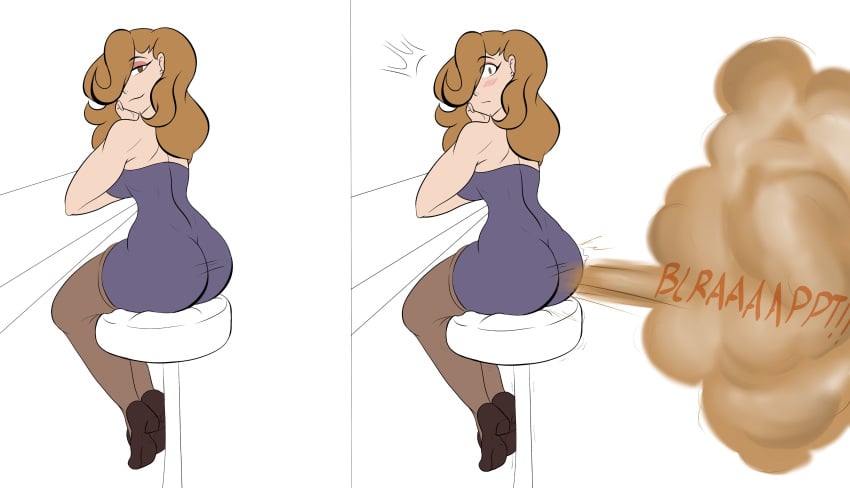 1girls art_trade ass ass_in_dress big_ass big_breasts blush breasts brown_eyes brown_hair curly_hair dress embarrassed fart fart_cloud farting female female_only gas gassy heels hi_res long_hair looking_at_viewer onomatopoeia original original_character panels purple_dress shocked sitting stockings stool tenuousoddity weirdkenn