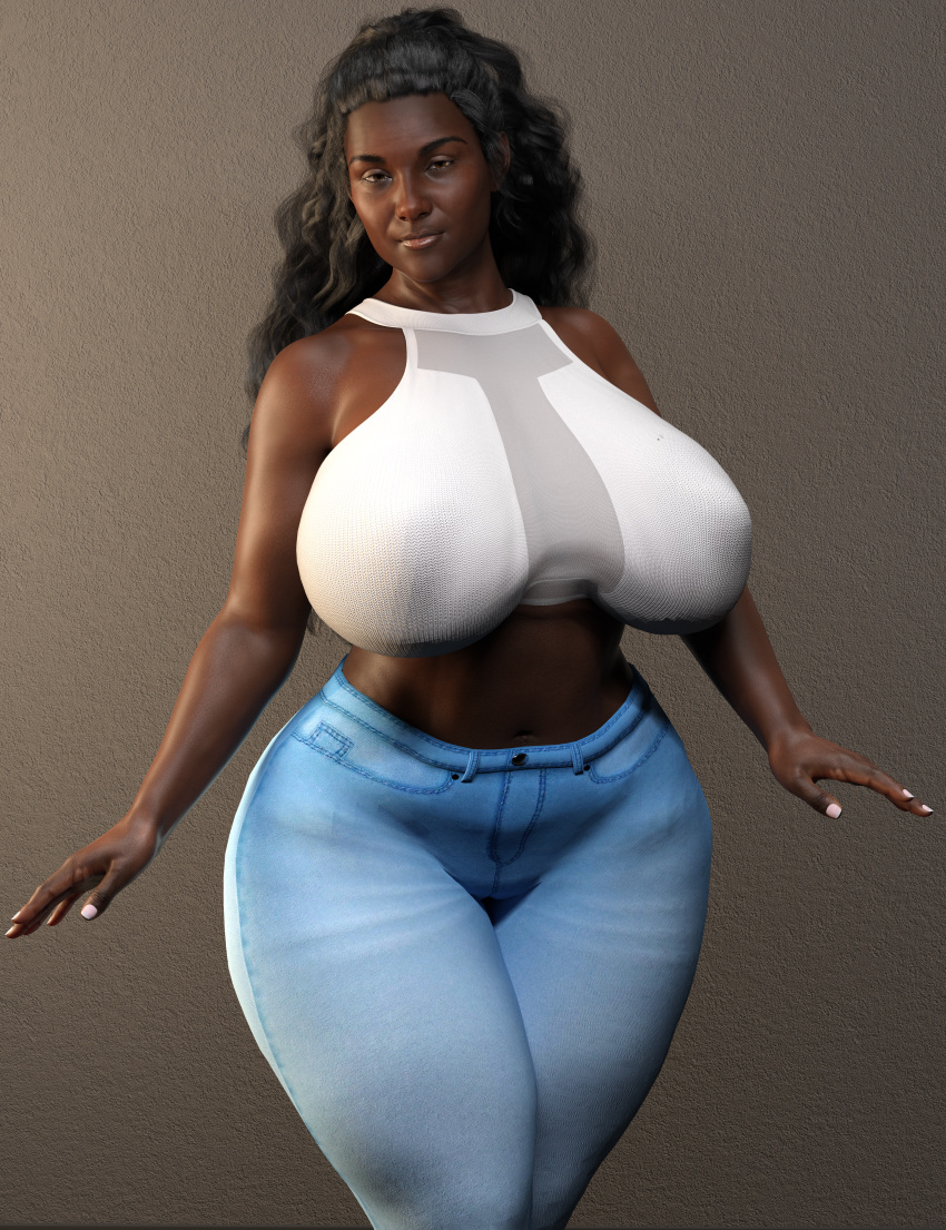 3d 3d_(artwork) absurd_res big_ass big_breasts big_butt big_nipples black_hair black_skin brown_eyes brown_skin clothed clothing dark_skin daz3d daz_studio female female_focus female_only front_view jeans legs looking_at_viewer milf mommy mother muscular_legs muscular_thighs older_female onlythicks solo solo_female thick thick_ass thick_legs thick_lips thick_thighs tied_hair