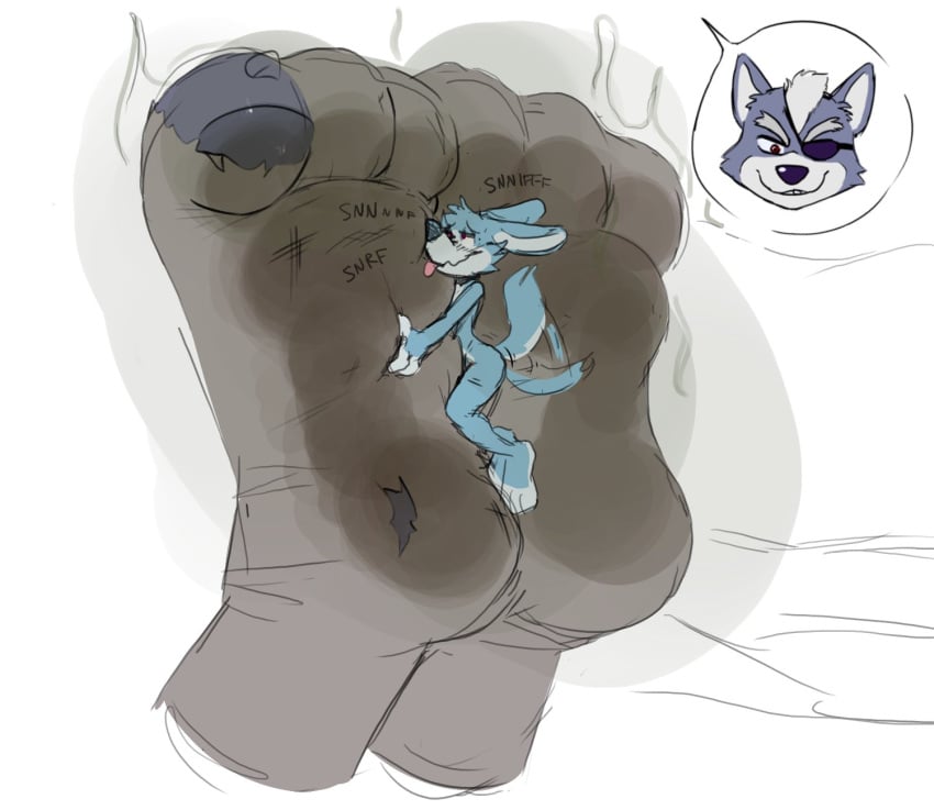 2020 3_toes anthro biped blue_body blue_fur blue_nose canid canine canis claws clothed clothing digital_drawing_(artwork) digital_media_(artwork) duo eye_patch eyewear feet foot_fetish foot_focus footwear fox fur grey_body grey_fur hi_res hybrid mammal mana_(manaozyfolf) manaozyfolf micro multicolored_body multicolored_fur musk nintendo nude simple_background smelly smelly_feet sniffing sock_fetish socks star_fox tail_motion tailwag toe_claws toes tongue tongue_out torn_clothing torn_footwear torn_socks two_tone_body two_tone_fur video_games white_background wolf wolf_o'donnell