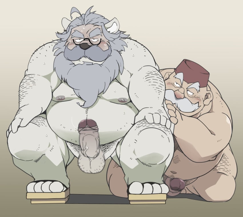 2022 anthro balls beard belly big_belly bulge censored clothing dragon_quest dragon_quest_xi duo erection eyewear facial_hair footwear genitals glasses hi_res human human_on_anthro humanoid_hands interspecies kemono male male/male mammal mature_male moobs moustache nipples overweight overweight_male penis pubic_hair rab_(dq11) sandals square_enix taro_heppoko ursid video_games yaoi