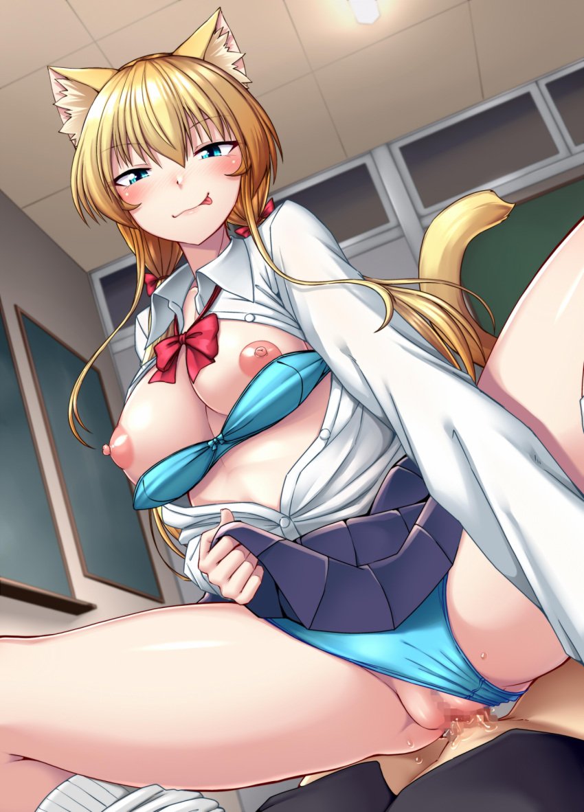 1boy :p animal_ears bangs blonde_hair blue_bra blue_panties blush bra breasts cat_ears cat_tail censored clothes_lift clothing_aside commentary_request cowgirl_position female highres lifted_by_self long_hair looking_at_viewer loose_socks mosaic_censoring nipples nokoppa original panties panties_aside pleated_skirt pov pussy pussy_juice school_uniform sex skirt skirt_lift smile spread_legs straddling straight tail tongue tongue_out twintails underwear vaginal_penetration white_legwear