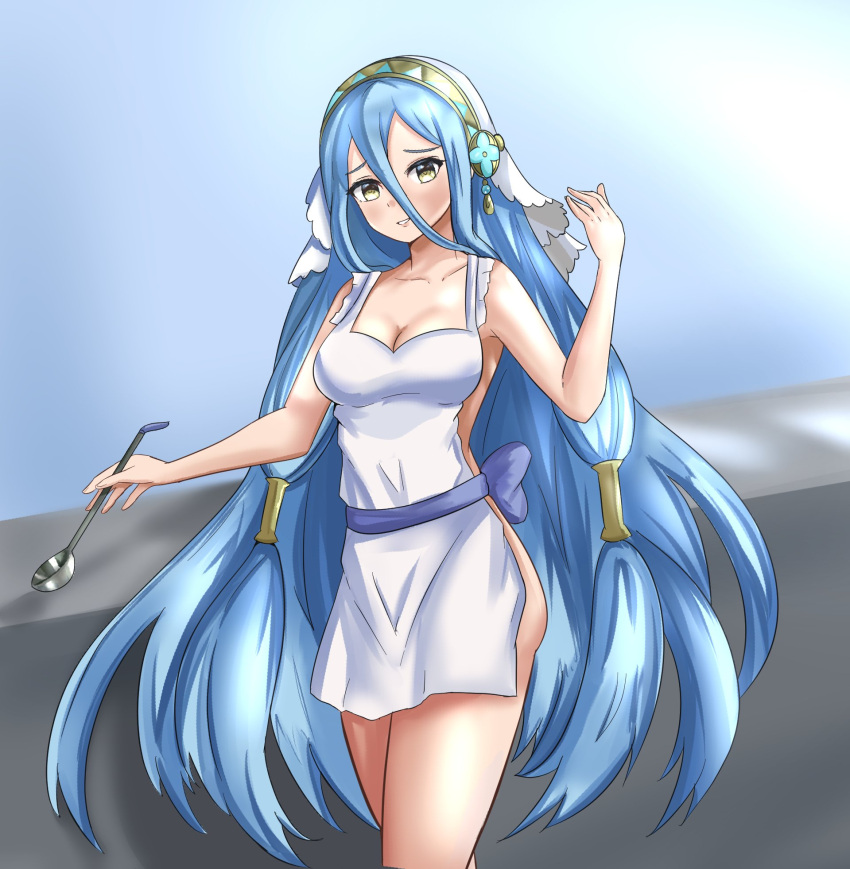 1girls apron azura_(fire_emblem) breasts cleavage collarbone commission cooking female female_only fire_emblem fire_emblem_fates hair_between_eyes inviting light_blue_hair long_hair looking_at_viewer medium_breasts naked_apron nintendo smile solo very_long_hair yellow_eyes zipperqr