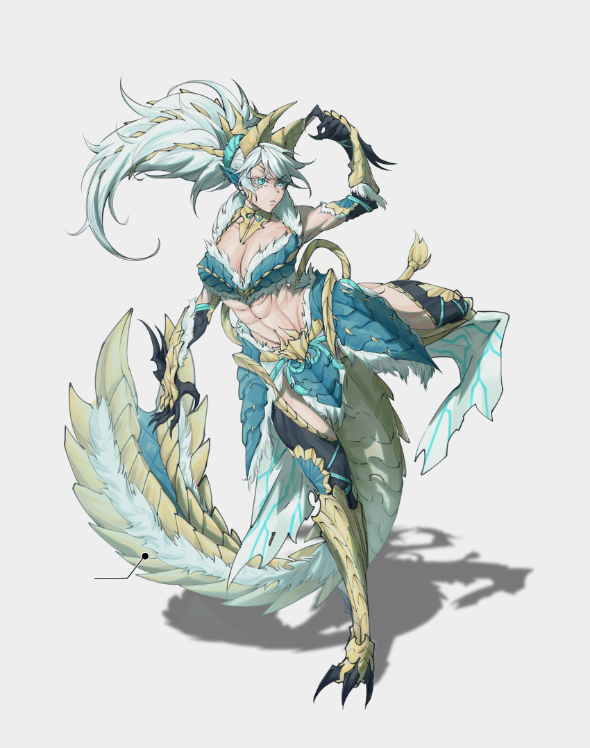 abs athletic athletic_female bare_midriff blue_eyes breasts capcom claws cleavage clothing fukuzawa2002 gijinka hair_ornament headwear horns kicking large_breasts long_hair monster monster_girl monster_hunter monster_hunter_rise monster_hunter_world muscles muscular muscular_female navel navel_hair ponytail standing_on_one_leg tagme tail tail_tuft white_background white_hair zinogre zinogre_(armor)