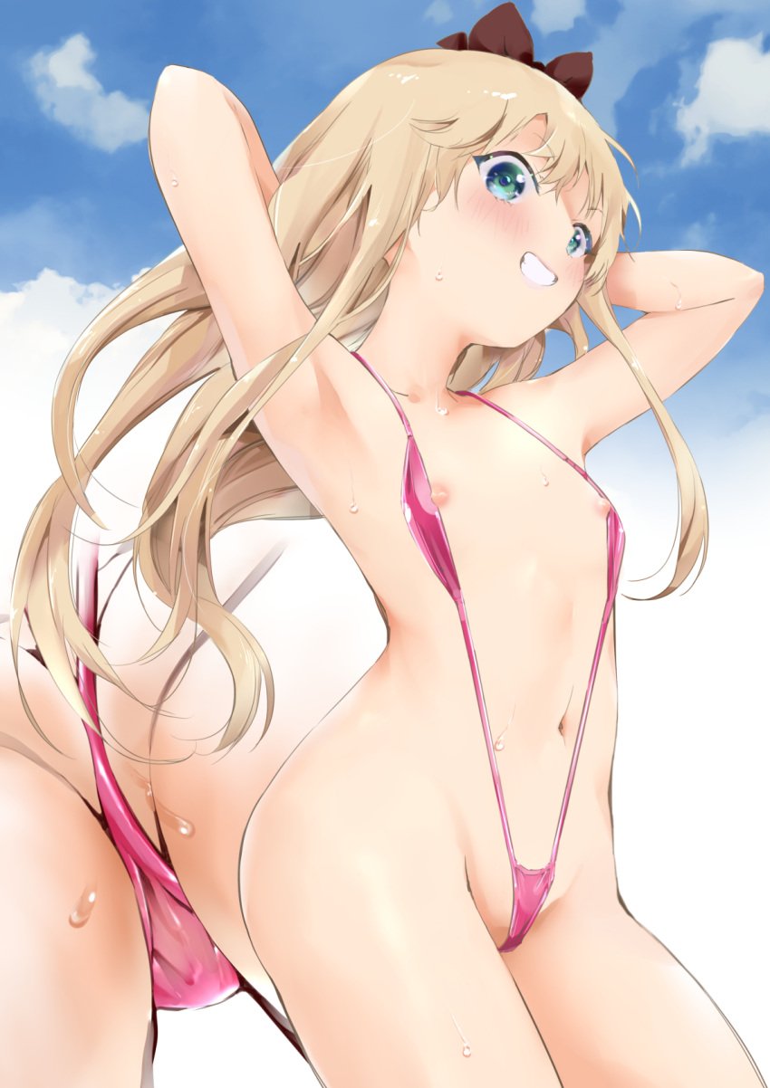 armpits bikini blonde_hair blue_eyes bow breasts female hairbow highres kamiki_uutarou long_hair micro_bikini navel sky sling_bikini slingshot slingshot_swimsuit smile solo strap_gap swimsuit toshinou_kyouko yuru_yuri