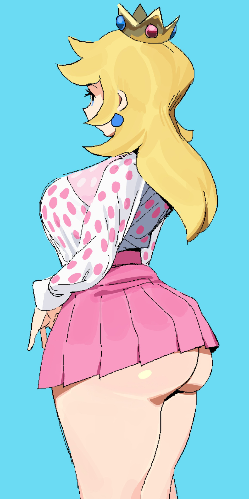 1girls ass big_butt blonde_hair blue_background bottomless bottomless_skirt breasts bubble_butt butt_crack female female_only long_hair mario_(series) miniskirt pleated_skirt princess_peach shirt simple_background skirt solo solo_female solo_focus upskirt whoopsatro