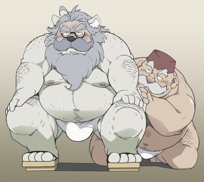 2022 anthro asian_clothing beard belly big_belly bulge clothing dragon_quest dragon_quest_xi duo east_asian_clothing eyewear facial_hair footwear fundoshi glasses hi_res human human_on_anthro humanoid_hands interspecies japanese_clothing kemono male male/male mammal mature_male moobs moustache nipples overweight overweight_male rab_(dq11) sandals square_enix taro_heppoko underwear ursid video_games white_clothing white_fundoshi white_underwear yaoi