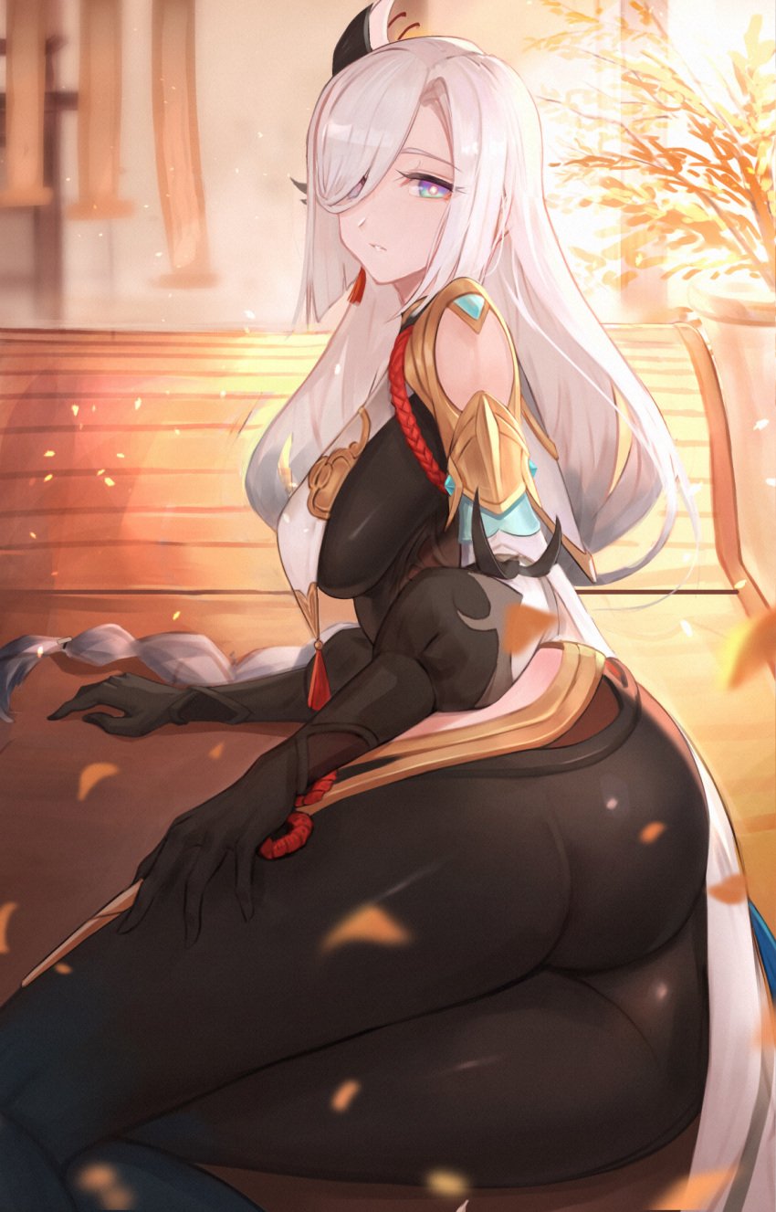 1girls ass big_ass big_breasts big_butt blue_eyes bodysuit butt fat_ass female female_only genshin_impact hair_over_one_eye large_ass large_breasts light-skinned_female light_skin long_hair looking_at_viewer lying moco_(moco_28) shenhe_(genshin_impact) solo thick thick_ass thick_thighs voluptuous white_hair