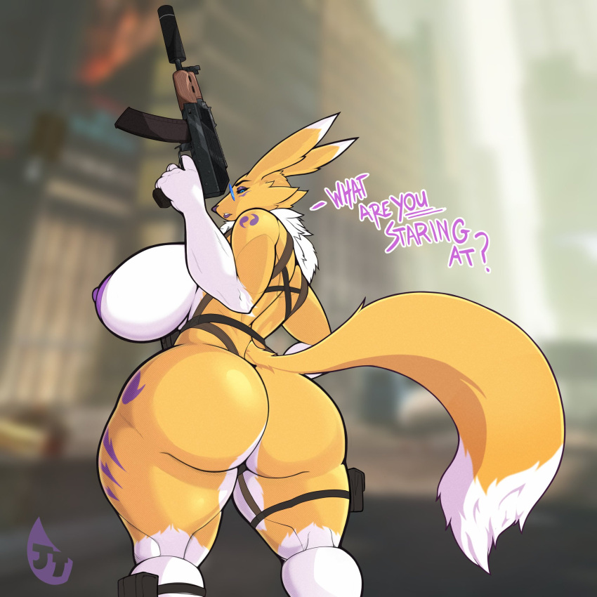 1:1 absurd_res aks-74u anthro areola bad_trigger_discipline bandai_namco big_ass big_breasts big_butt blurred_background breasts bubble_butt butt colored curvy_figure digimon digimon_(species) digital_drawing_(artwork) digital_media_(artwork) english_text eyeshadow female fur furry gun hi_res holding_gun holding_object holding_weapon huge_breasts huge_butt jawful looking_at_viewer looking_back looking_back_at_viewer makeup mostly_nude nipples purple_areola purple_nipples ranged_weapon rear_view renamon solo standing text thick_thighs voluptuous weapon wide_hips yellow_body yellow_fur