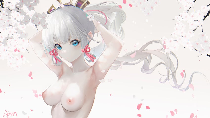 1girls areolae armpits big_breasts bloom blue_eyes blush breasts completely_nude exposed_breasts eyelashes female female_only flower_in_hair genshin_impact hands_behind_head hands_up highres kamisato_ayaka light-skinned_female long_hair looking_at_viewer mole mole_under_eye naked nipples no_bra nude omone_hokoma_agm petals ponytail serious solo white_hair