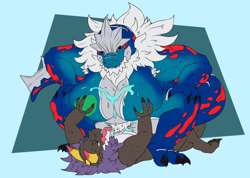 anthro anthro_on_anthro big_breasts black_body blue_body blue_eyes bodily_fluids breast_grab breasts claws cowgirl_position cum cum_inside duo fangs female female_penetrated fossil_pokémon from_front_position genital_fluids hand_on_breast hi_res horn interspecies looking_pleasured male male/female male_penetrating male_penetrating_female muscular muscular_female nintendo nipples on_bottom on_top open_mouth open_smile penetration pokémon_(species) pokemon sex simple_background smile sweat tolerain tongue tongue_out tyrantrum video_games yellow_eyes