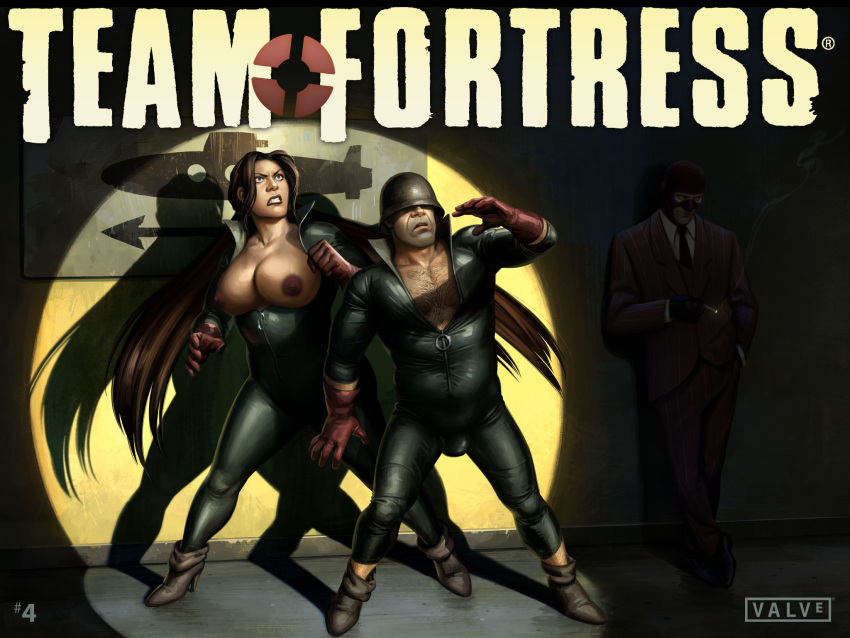 angry_face big_breasts brown_hair covered_eyes edited exposed_breasts facial_hair helmet_over_eyes latex latex_gloves latex_suit long_hair looking_at_another looking_up official_art official_artist official_artwork official_artwork_edit outdoors soldier_(team_fortress_2) spy_(team_fortress_2) team_fortress_2 team_fortress_2_comic valve zhanna