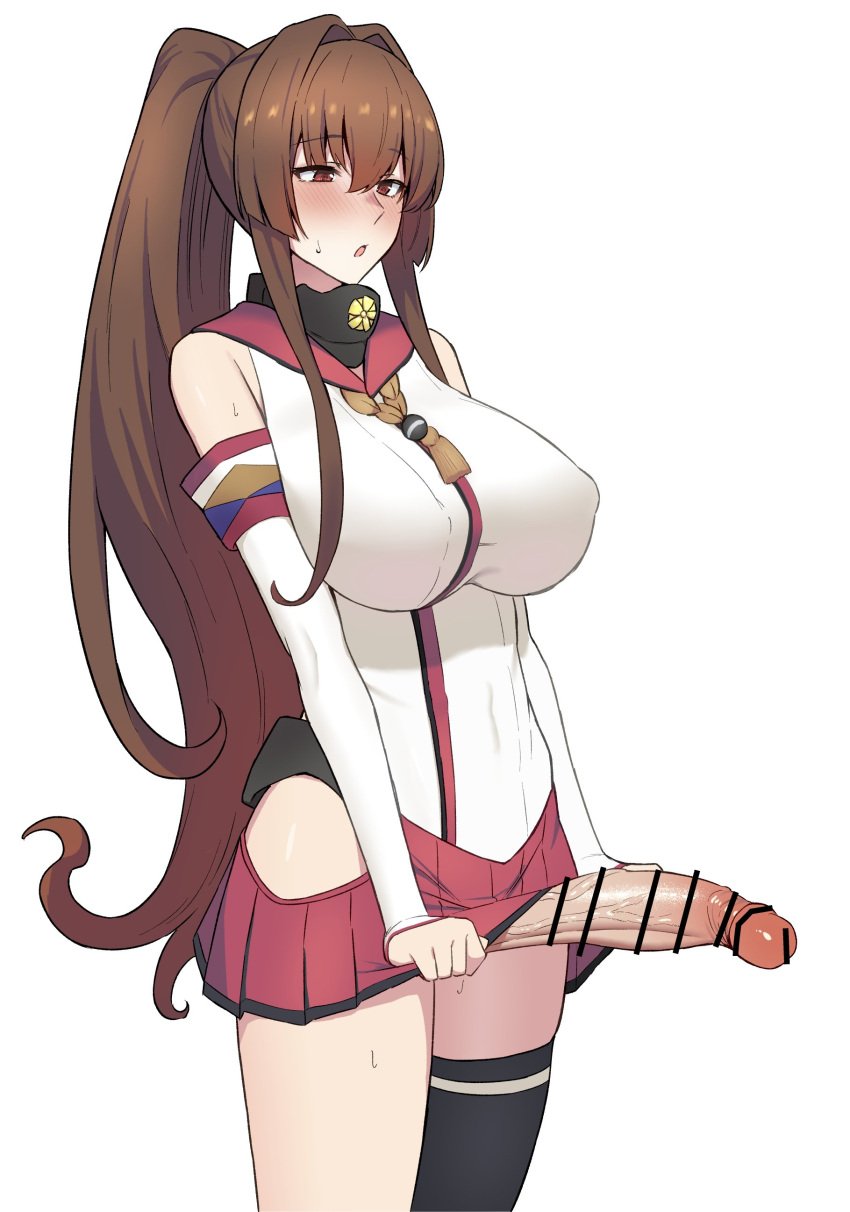 1futa absurdres bar_censor big_breasts big_penis blush bottomless breasts brown_eyes brown_hair censored cleavage clothed clothes_lift clothing collar collarbone detached_sleeves erection erection_under_skirt futa_only futa_sans_balls futanari hair_intakes highres hime_cut huge_breasts human kantai_collection light-skinned_futanari light_skin long_hair looking_at_viewer metal_collar mostly_clothed penis pleated_skirt red_skirt simple_background skirt skirt_lift skirt_pull solo standing takaman_(gaffe) very_long_hair white_background yamato_(kantai_collection)