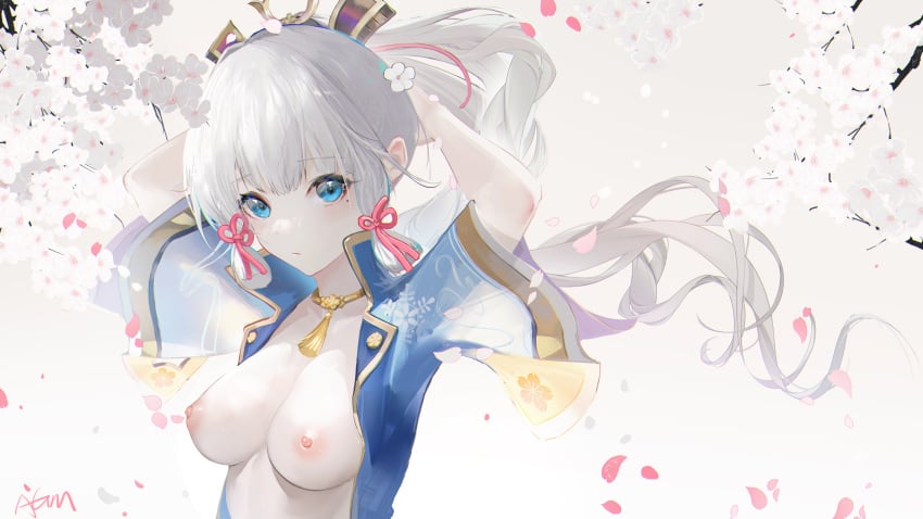 1girls areolae big_breasts bloom blue_eyes blush breasts exposed_breasts eyelashes female female_only flower_in_hair genshin_impact hands_behind_head hands_up highres kamisato_ayaka light-skinned_female long_hair looking_at_viewer mole mole_under_eye necklace nipples no_bra omone_hokoma_agm open_clothes partially_clothed petals ponytail serious solo white_hair