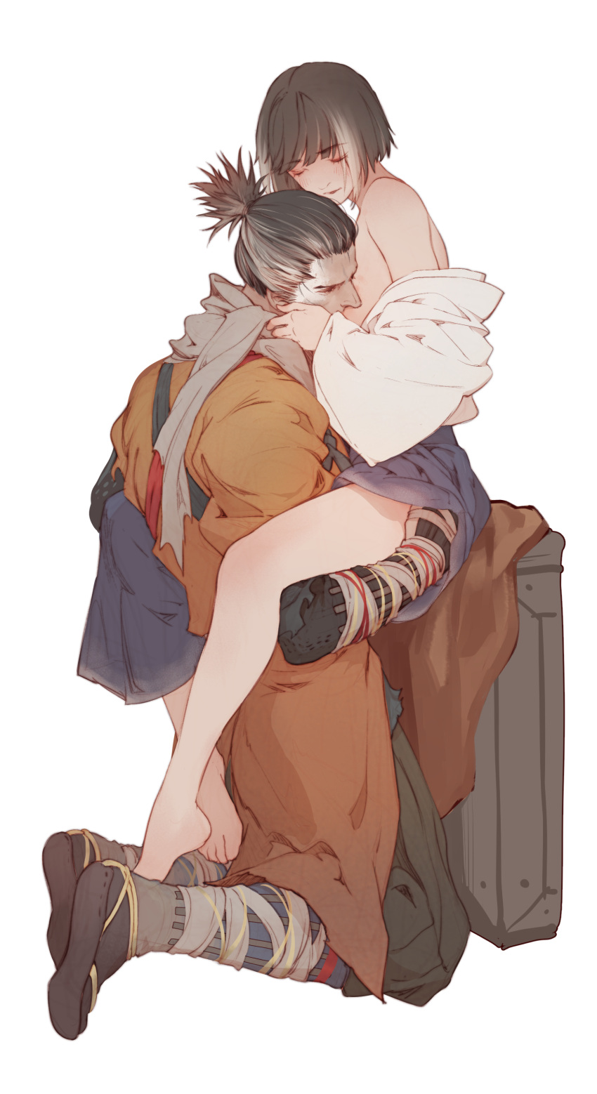 2boys age_difference androgynous ass_grab black_hair blush bob_cut closed_eyes dark_hair embrace femboy fromsoftware gay girly groping hakama hand_under_clothes hug hugging japanese_clothes kimono kneeling kuro_the_divine_heir male male_only off_shoulder ponytail sekiro sekiro:_shadows_die_twice sitting two_tone_hair vetania wholesome yaoi