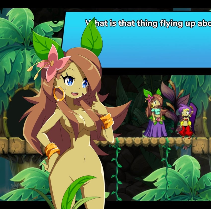 accurate_art_style blue_eyes breasts brown_hair english_text female female_only gold_bracelets hair_covering_breasts hair_covering_nipples leaf_covering_groin naked niyuyu nude shantae shantae_(character) shantae_and_the_seven_sirens smooth_skin tagme