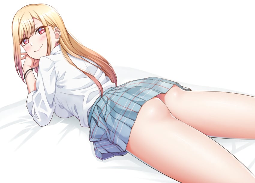 1girls ass blonde_hair blush eye_contact female female_focus female_only kitagawa_marin long_hair looking_at_viewer mibushiro red_eyes skirt skirt_lift smile sono_bisque_doll_wa_koi_wo_suru the_pose thick_thighs thighs