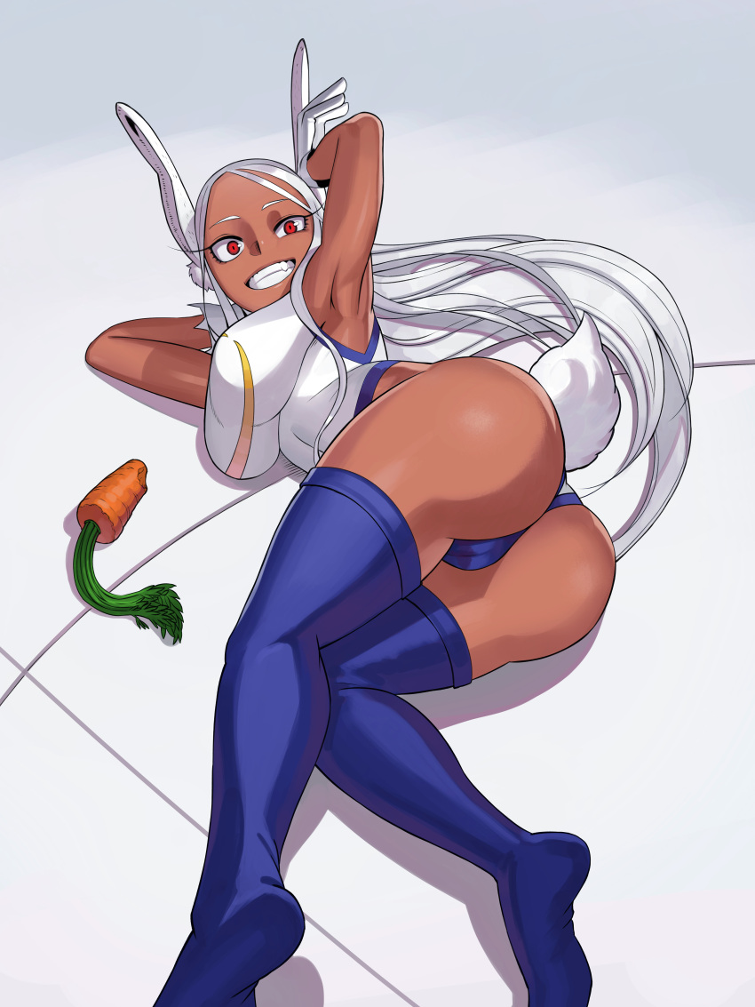 1girls absurd_res armpits ass big_ass big_butt bunny_ears bunny_tail eye_contact female female_human fit_female hero_outfit_(mha) high_resolution human kemonomimi kopam legwear leotard long_hair looking_at_viewer miruko my_hero_academia red_eyes superhero_costume superheroine thick_thighs thighhighs thighs white_hair