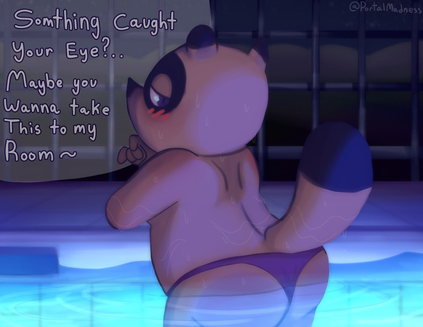 2022 alternate_version_at_source alternate_version_available animal_crossing artist_signature ass blush english_text in_pool looking_back male male_focus male_only male_solo nintendo pool portalmadness raccoon raccoon_dog solo solo_male speech_bubble speedo tanuki tom_nook wet