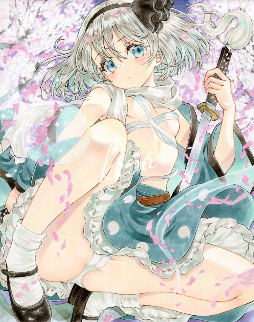 absurdres black_footwear black_hairband blush breasts budget_sarashi cherry_blossoms female hairband highres kisarush looking_at_viewer marker_(medium) mary_janes panties pantyshot petals ribbon sample_watermark sarashi shirt shoes short_hair silver_hair skirt small_breasts socks solo sword touhou traditional_media underwear vest weapon white_panties youmu_konpaku