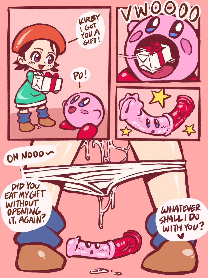 1girls adeleine comic dialogue dildo english_text excessive_pussy_juice imminent_rape imminent_sex kirby kirby_(series) kirby_64 kirby_dildo mossyfroot mouthful_mode oh_no panties_down pussy_juice pussy_juice_drip suggestive text transformation