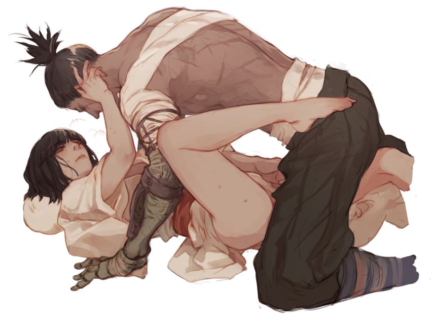 2boys age_difference androgynous back_muscles bandages black_hair bob_cut femboy fromsoftware gay hakama imminent_sex japanese_clothes kuro_the_divine_heir looking_at_another male male_only muscular muscular_male older_man_and_younger_boy on_back ponytail prosthetic prosthetic_arm sekiro sekiro:_shadows_die_twice vetania yaoi