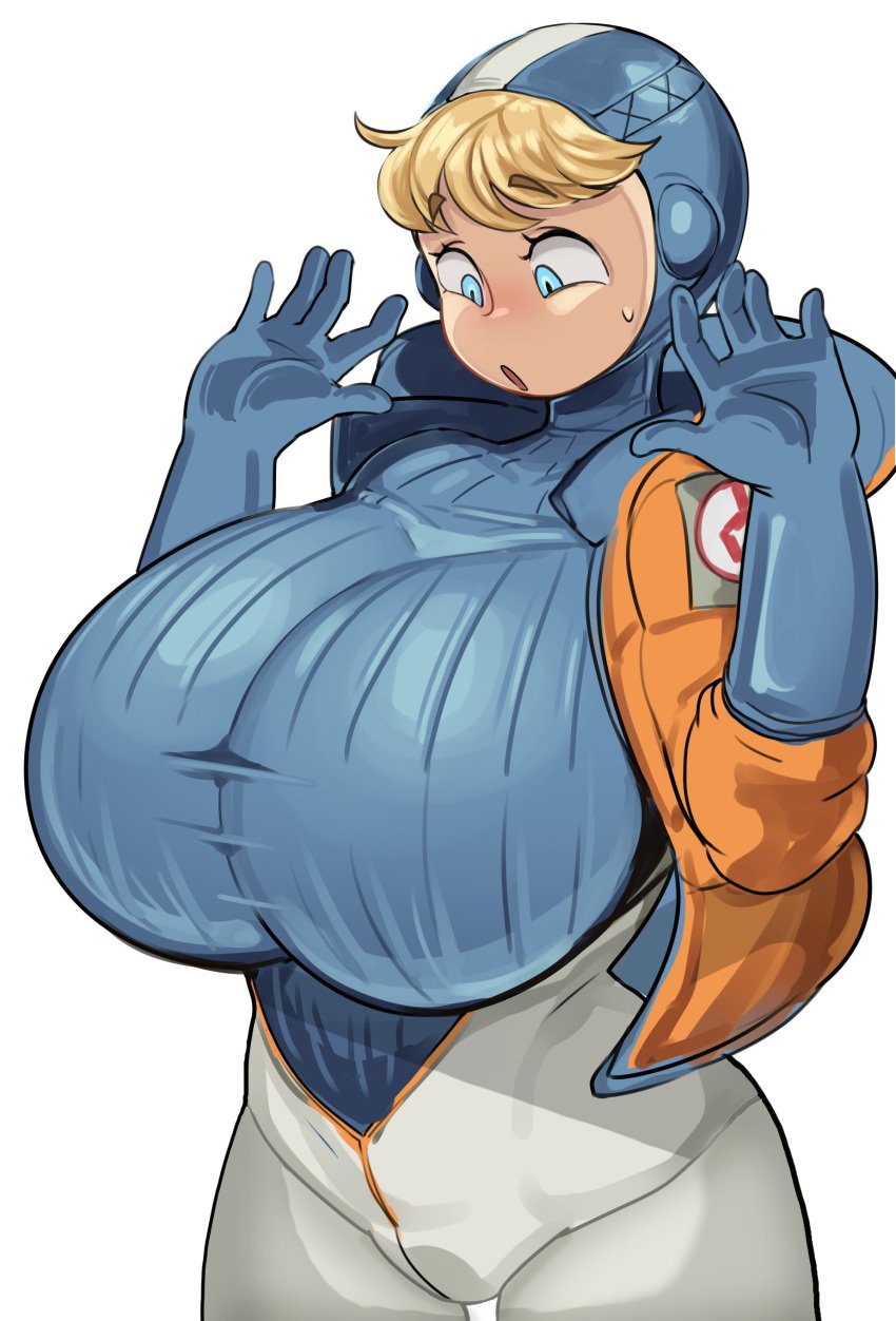 1girls 5_fingers apex_legends ass_expansion big_breasts blonde_hair blue_eyes blush breast_expansion breasts cham22 chamchami clothed clothes curvy_body doodle eyebrows eyebrows_visible_through_hair eyelashes female female_only fully_clothed gigantic_breasts gloves growth hair huge_breasts human human_only humanoid large_breasts looking_at_breasts looking_down massive_breasts outgrowing_clothes short_hair simple_background skinsuit solo solo_female stretched_clothing surprised sweat sweating thick tight_clothing top_heavy upper_body voluptuous wattson_(apex_legends) white_background