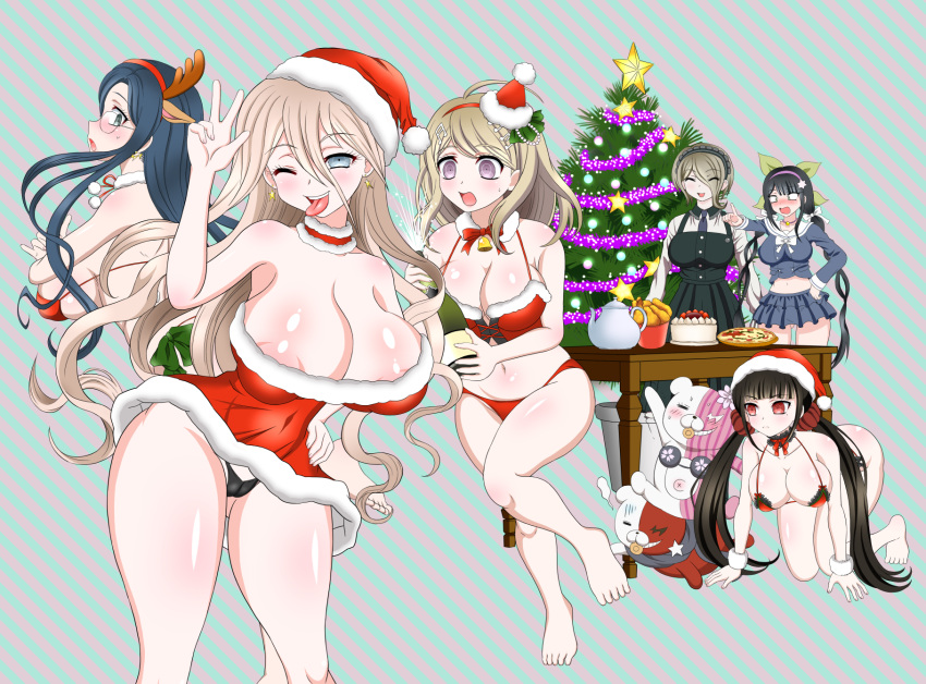 6girls akamatsu_kaede alternate_version_available chabashira_tenko christmas danganronpa danganronpa_v3 exposed_nipples harukawa_maki iruma_miu monophanie monotaro multiple_girls santa_costume santa_hat shirogane_tsumugi skimpy skimpy_bikini skimpy_clothes straight_hair tai_miso toujou_kirumi