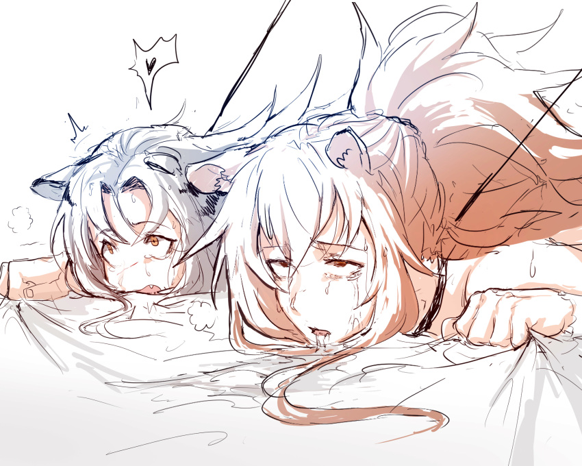 2girls after_rape after_sex animal_ear arknights collar crying defeated dodok eyes_rolling_back fucked_senseless fucked_silly heart indra_(arknights) leash leash_and_collar multiple_girls on_bed siege_(arknights) tagme tears