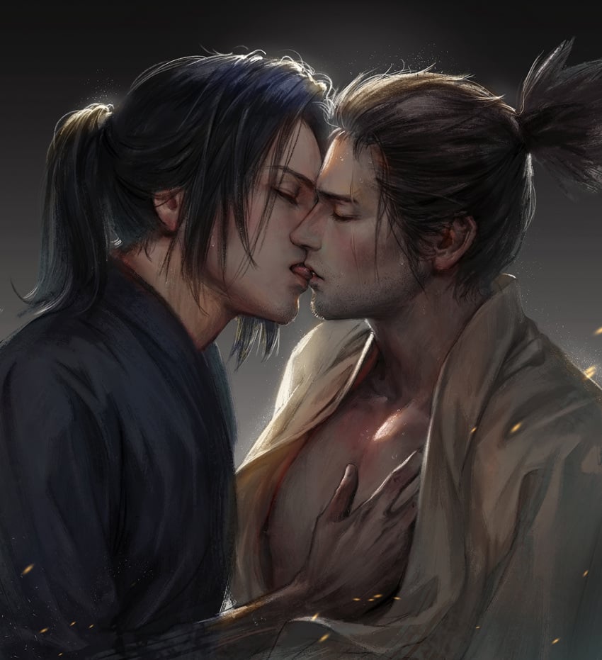 2boys black_hair cdash817 closed_eyes detailed facial_hair french_kiss fromsoftware gay genichiro_ashina hand_on_chest japanese_clothes kimono kissing male male_only open_clothes open_kimono painting_(artwork) ponytail realistic sekiro sekiro:_shadows_die_twice stubble upper_body yaoi