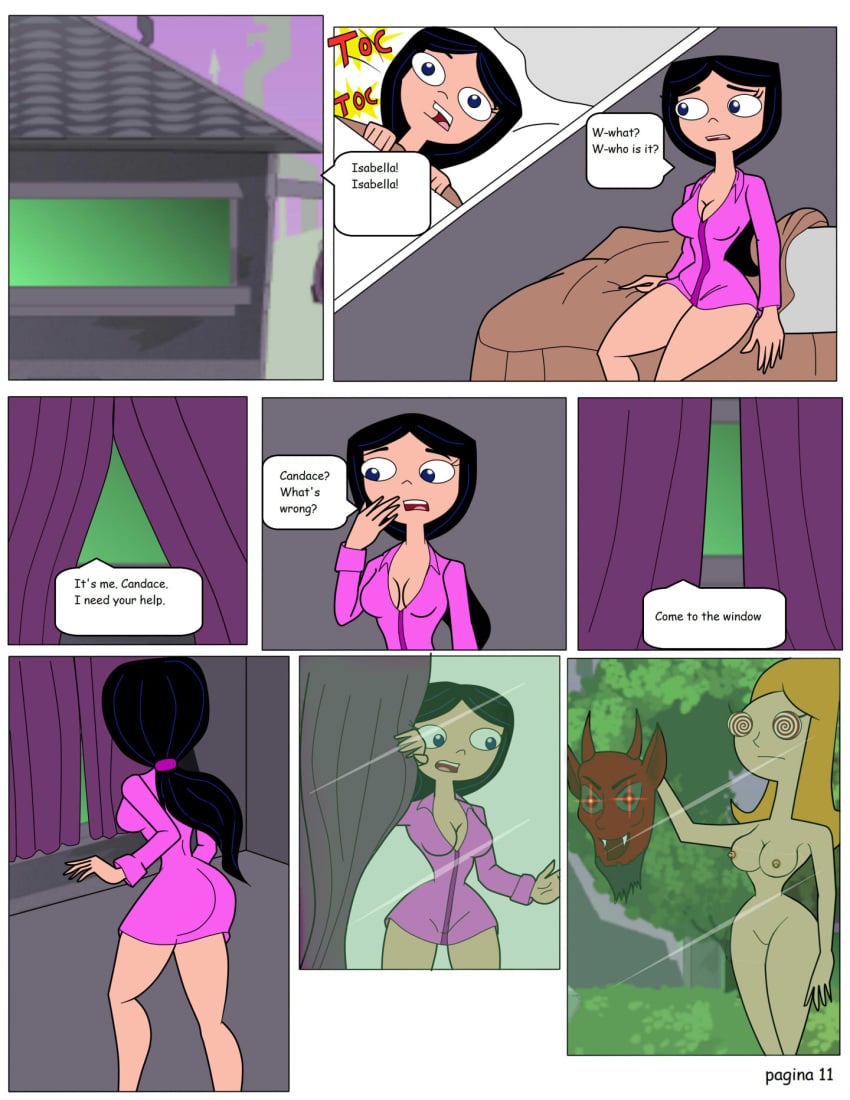 2girls black_hair blue_eyes breasts candace_flynn carlosfco comic completely_nude demon devil disney disney_channel disney_xd english_text female female_only glowing_eyes hypnosis hypnotic_eyes isabella_garcia-shapiro mind_control multiple_girls nude orange_hair pajamas phineas_and_ferb red_eyes speech_bubble text