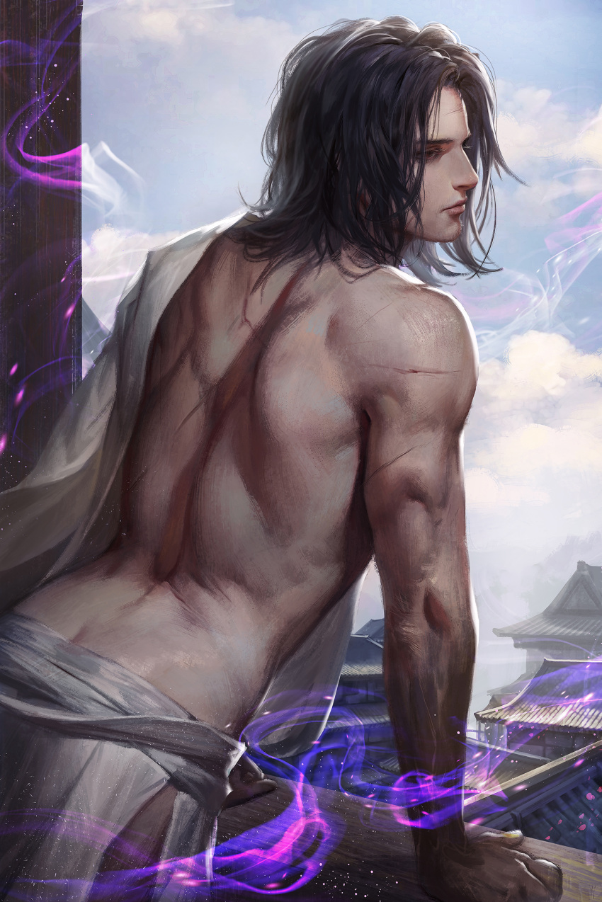 back_muscles black_hair burn_scar cdash817 detailed detailed_background facial_hair fromsoftware genichiro_ashina hakama japanese_clothes leaning_forward male male_only muscular muscular_male painting_(artwork) realistic scar scars sekiro:_shadows_die_twice solo stubble window