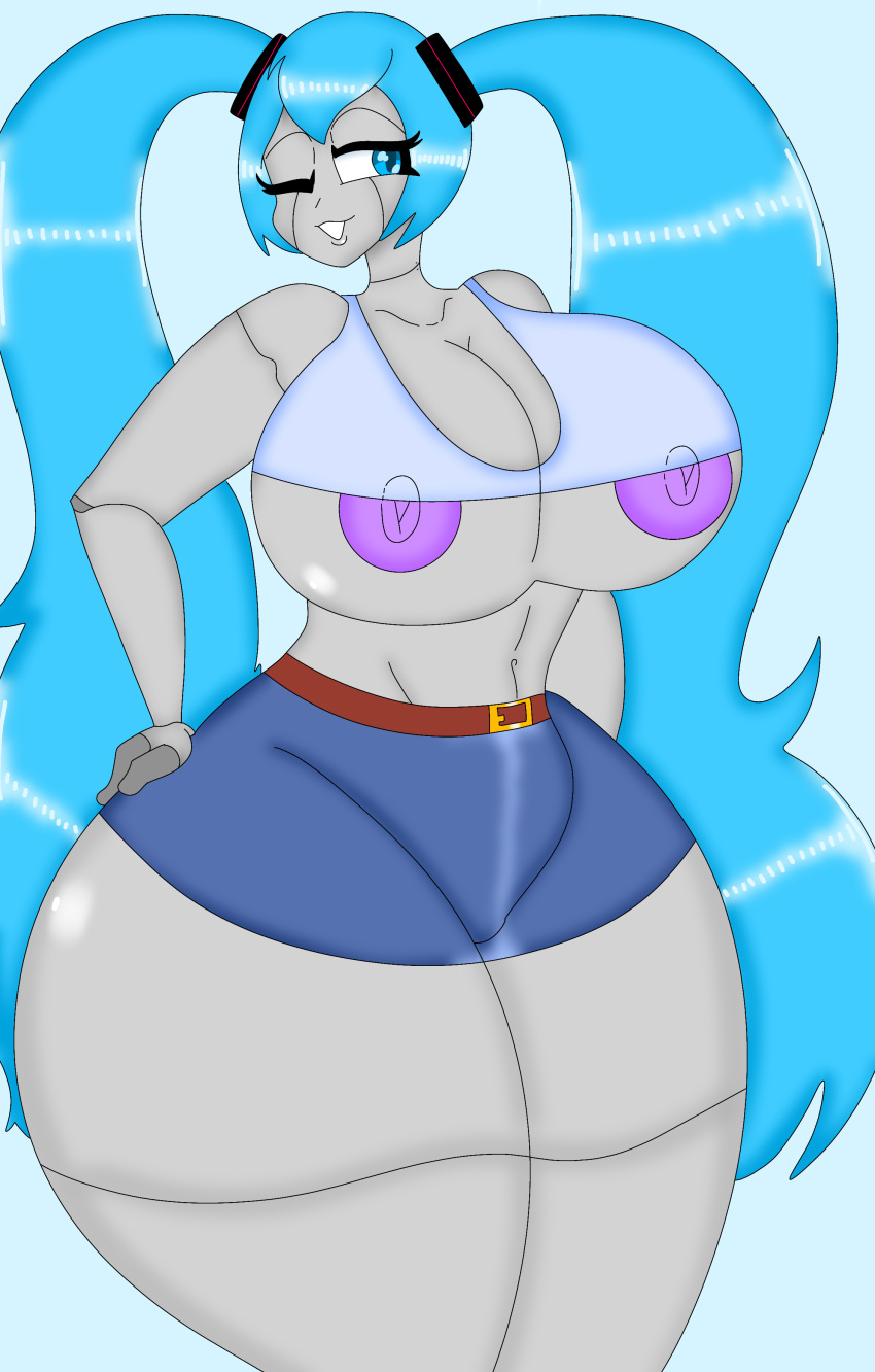 big_ass big_breasts big_nipples blue_eyes blue_hair grey_skin hatsune_miku lewdxt metal metallic_body purple_nipples robot robot_girl robot_humanoid short_clothing thick_thighs vocaloid xt-459 xt459