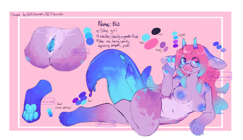 absurd_res anthro bibi_(kitzuneh) blue_tail breasts ccuice clitoris eyewear female genitals glasses goo_creature hi_res horn model_sheet pawpads pink_body pussy text