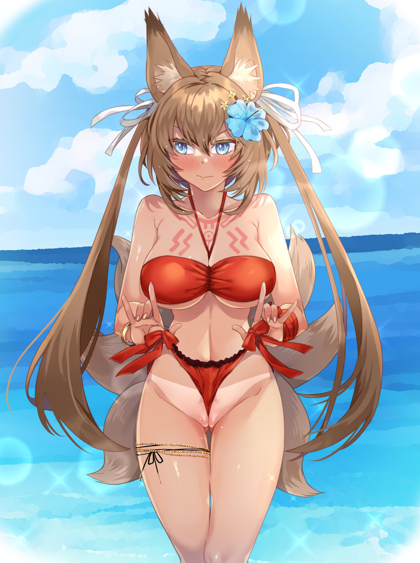 barely_contained blue_eyes blue_flower blush bracelet brown_hair caleen_keemosn embarrassed female flower_hair_ornament fox_ear fox_girl fox_tail garter hair_ribbon huge_breasts i_love_you_gesture looking_away multiple_tails ocean red_bikini runes side-tie_bikini star_ocean star_ocean_anamnesis suntan tac tanlines tubetop underboob very_long_hair wedgie