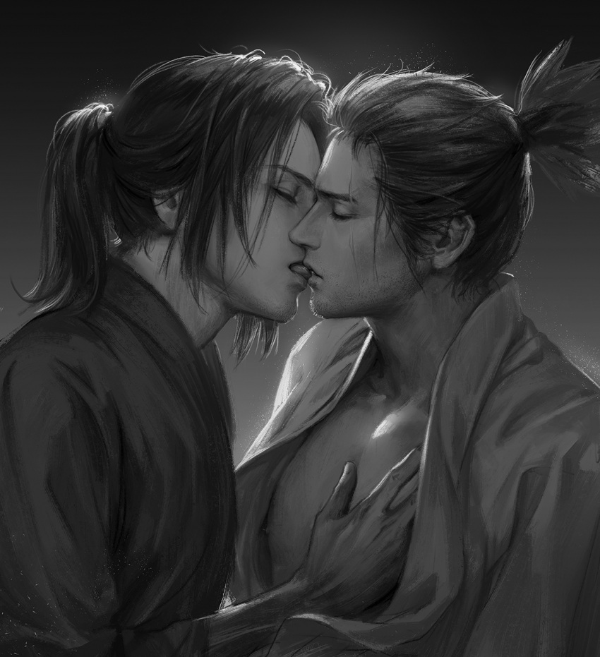 2boys cdash817 closed_eyes facial_hair french_kiss fromsoftware gay genichiro_ashina greyscale hand_on_chest japanese_clothes kimono kissing male male_only monochrome open_clothes open_kimono painting_(artwork) ponytail realistic sekiro sekiro:_shadows_die_twice stubble upper_body yaoi