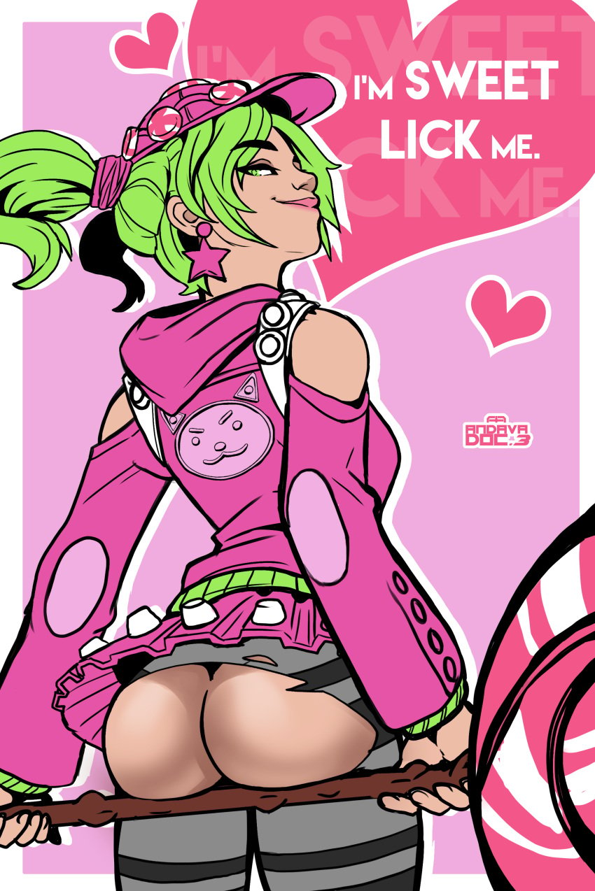 andava ass exposed_ass female fortnite green_hair hood lollipop looking_at_viewer pigtails pinup teasing torn_clothes zoey_(fortnite)