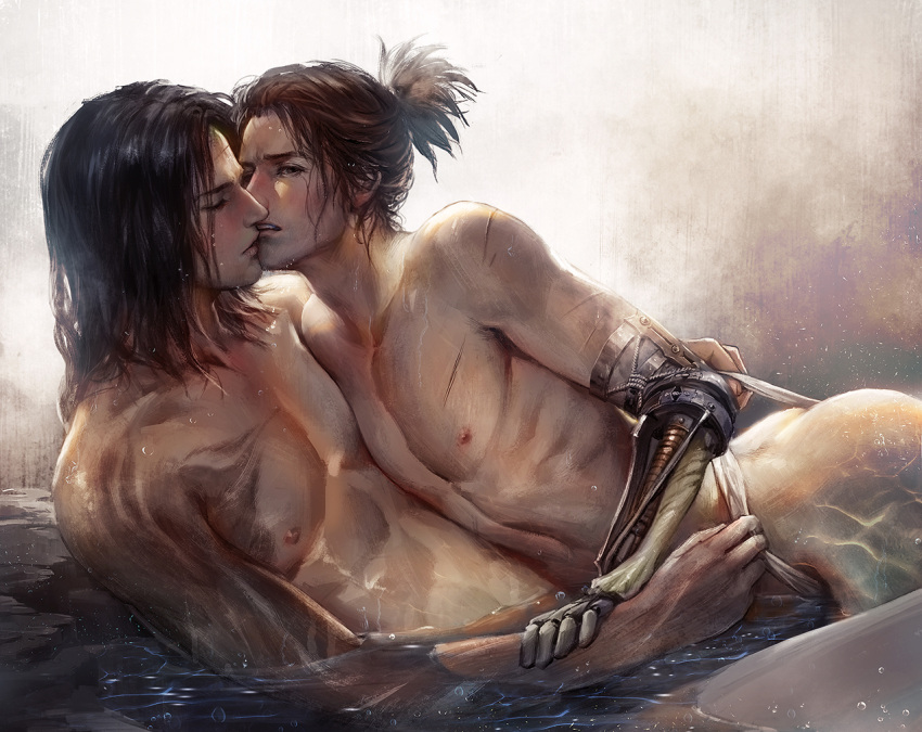 2boys bath bathing black_hair brown_hair burn_scar cdash817 closed_eyes dark_hair detailed fromsoftware fundoshi fundoshi_pull gay genichiro_ashina kissing looking_at_viewer male male_only muscular painting_(artwork) partially_submerged ponytail prosthetic prosthetic_arm realistic scar scars sekiro sekiro:_shadows_die_twice stubble water wet_hair wet_skin yaoi