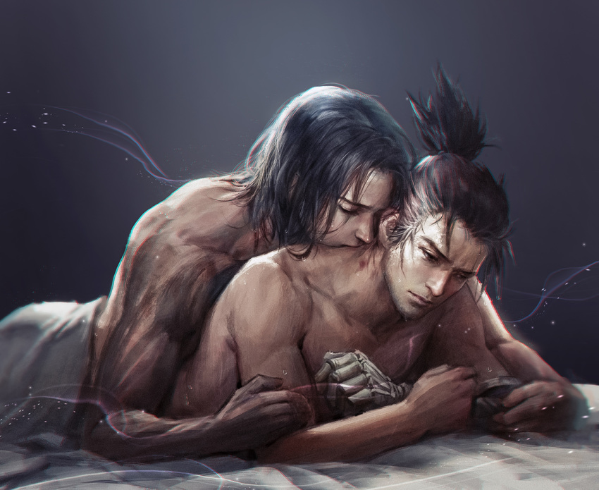 2boys black_hair burn_scar cdash817 detailed facial_hair fromsoftware gay genichiro_ashina hickey implied_anal implied_sex male male_only muscular muscular_male neck_bite nude on_bed on_stomach painting_(artwork) ponytail prosthetic prosthetic_arm realistic scar scars sekiro sekiro:_shadows_die_twice stubble sweat yaoi