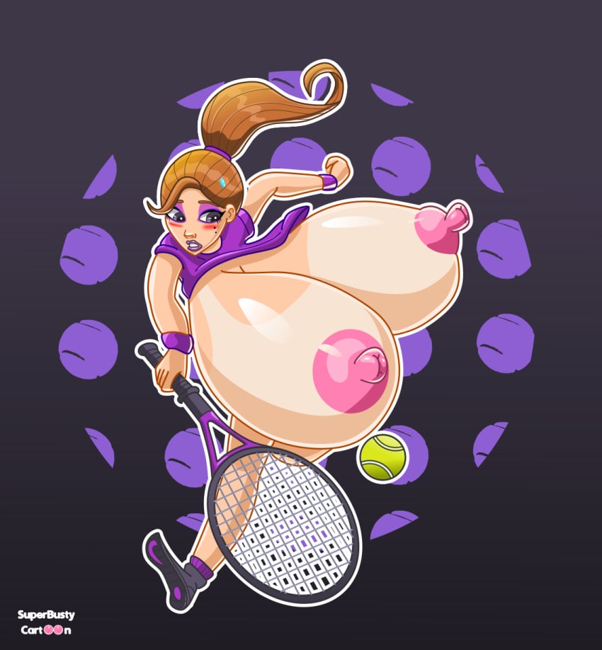 1girls blush bouncing_breasts embarrassed enormous_breasts huge_breasts light-skinned_female light_skin long_hair original ponytail racket superbustycartoon tanline tennis_ball tennis_racket tennis_uniform