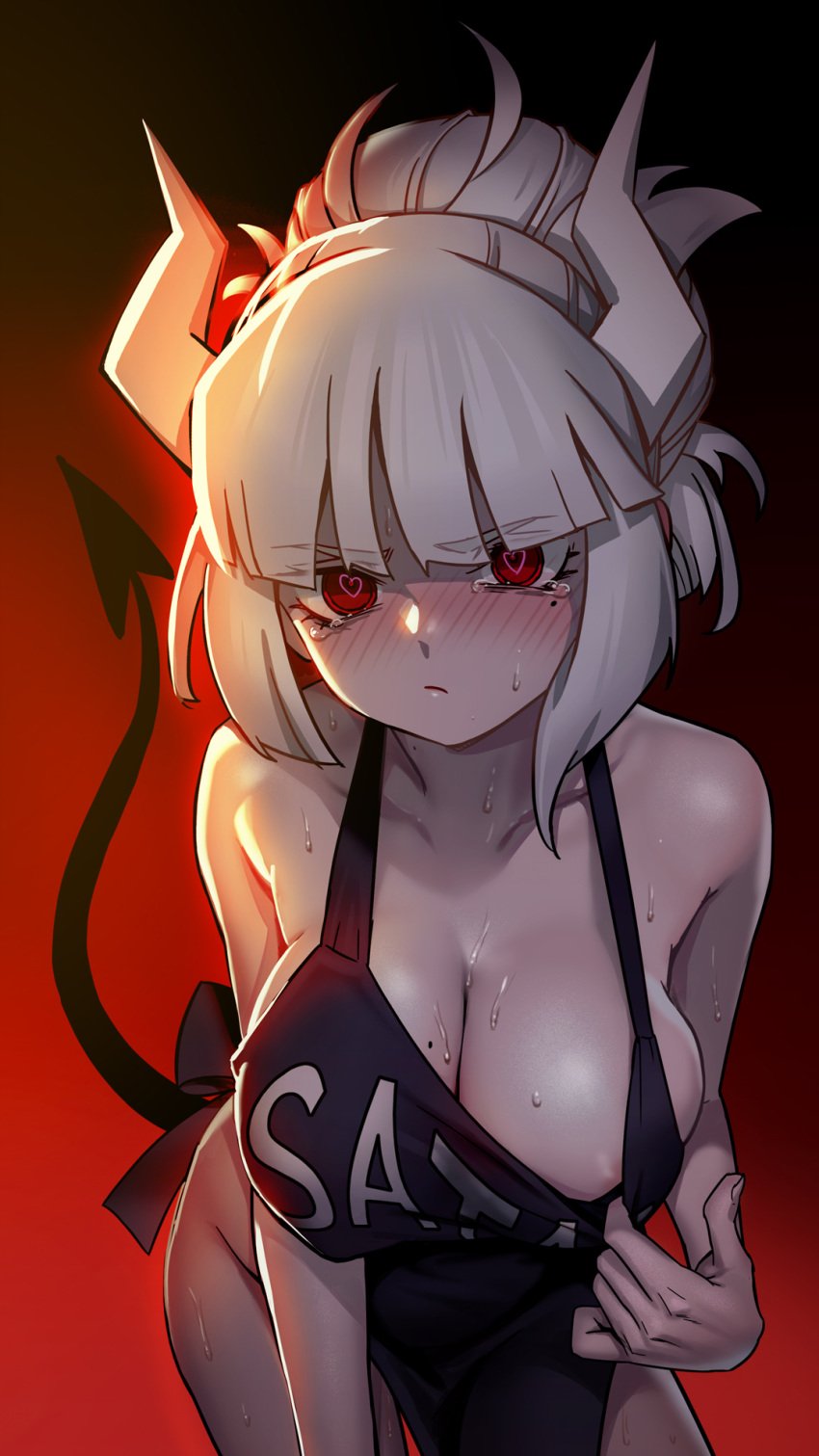 1girls apron apron_pull areola_slip areolae as109 bangs black_apron blunt_bangs blush blushing_at_viewer breasts cleavage deep_blush demon_girl demon_horns demon_tail demoness eyebrows_visible_through_hair female frown gradient gradient_background hair_bun heart heart-shaped_pupils helltaker highres horns horny_female large_breasts leaning_forward long_hair looking_at_viewer lucifer_(helltaker) mole mole_on_breast mole_under_eye no_bra red_background red_eyes sidelocks solo sweat symbol-shaped_pupils tail white_hair